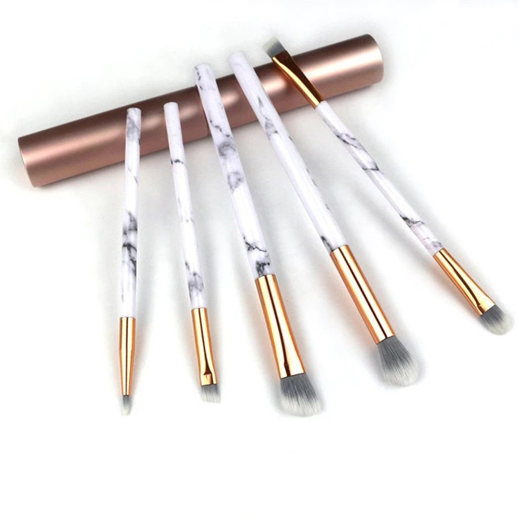 5pcs Eyeshadow Eyebrow Double Side Marble Makeup Brush Set With Travel Metal Holder