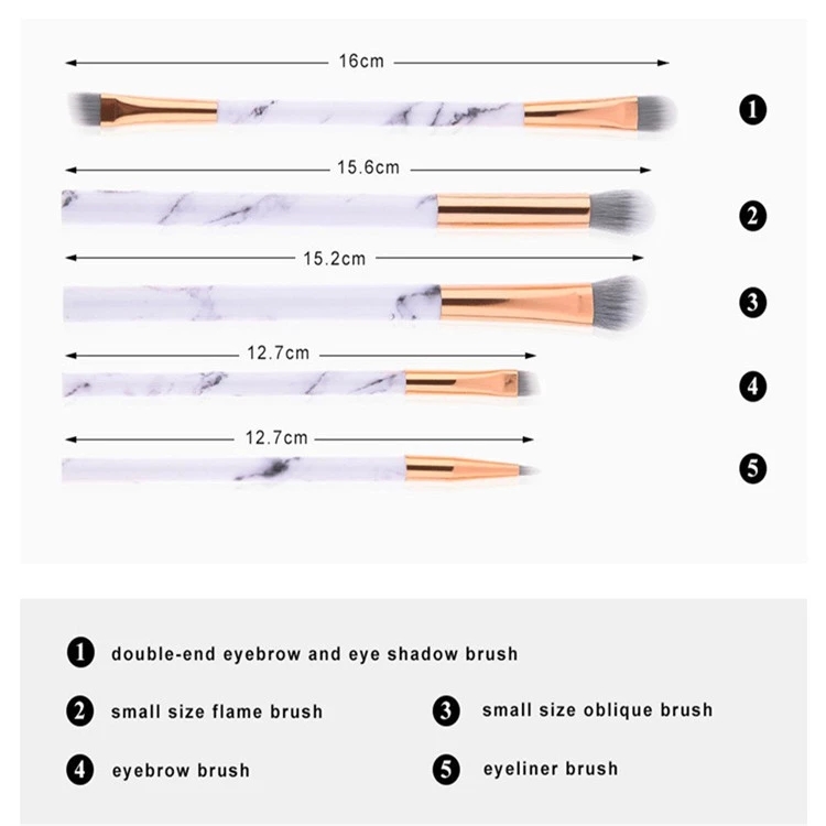 5pcs Eyeshadow Eyebrow Double Side Marble Makeup Brush Set With Travel Metal Holder