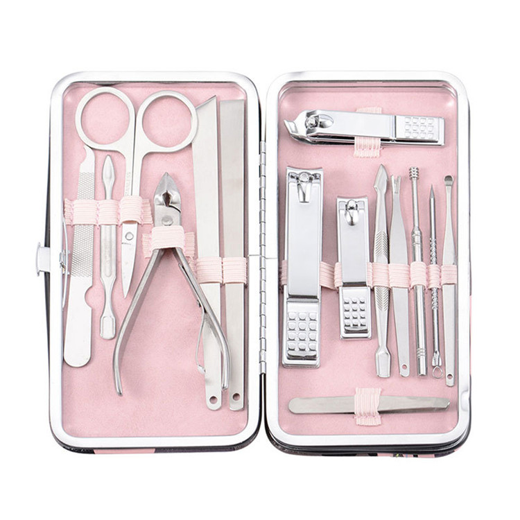 Fantastic Quality Silver Color Manicure Set 15-piece Tools Pink Inside Lined Personal Nail Clipper Scissors Kit With Custom Logo