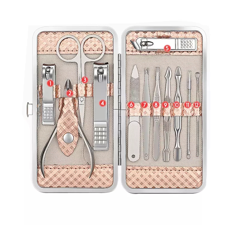 Rose gold Color 12 Pieces Stainless Steel Manicure Set with PU Leather Case