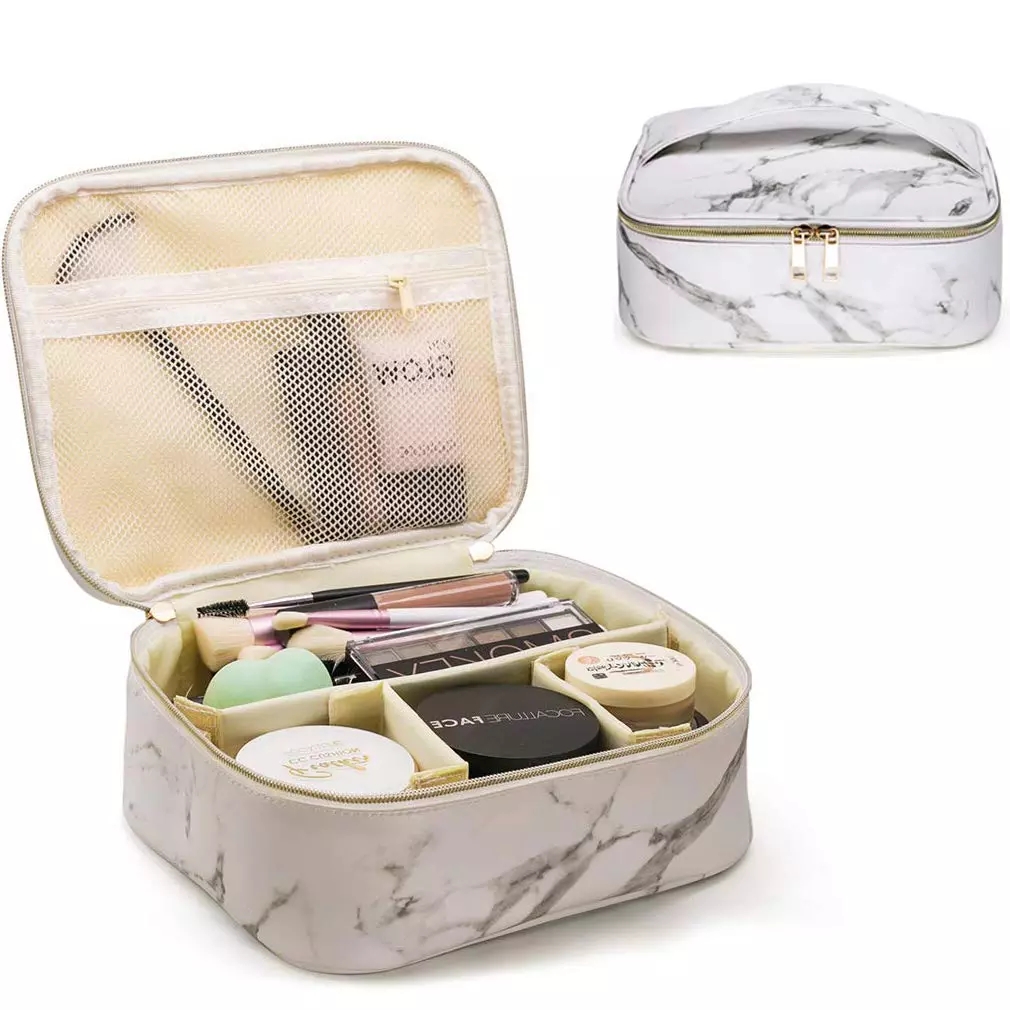 Makeup Bag Organizer Travel Marble Cosmetic Case Portable Large Toiletry Bag with Brush Holder