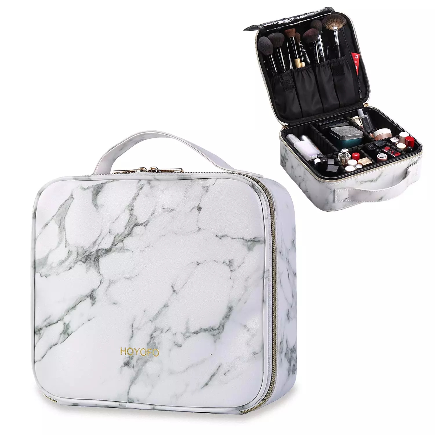 Makeup Bag Organizer Travel Marble Cosmetic Case Portable Large Toiletry Bag with Brush Holder