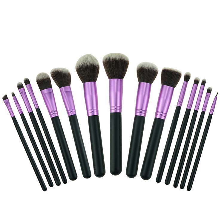 15 Piece Purple Ferrule New Makeup Brushes Flat Foundation Makeup Brush With PU Bag