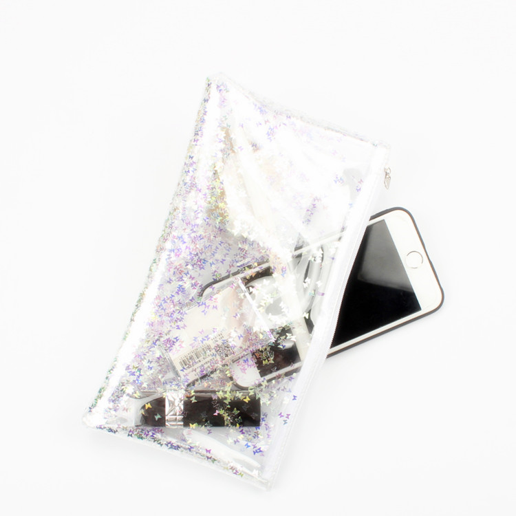 Zipper Clear Cosmetic Bag with Shiny Crystal Glitter Clear Plastic Zipper Pouch