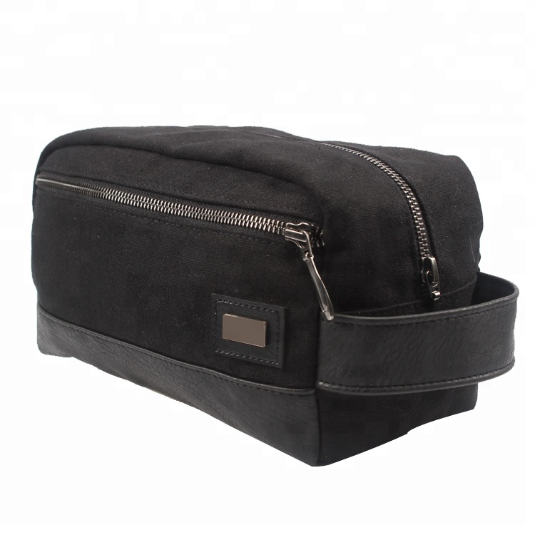 Heavy Duty Canvas And PU Toiletry Bag For Men Durable Black MenTtoiletry Bag