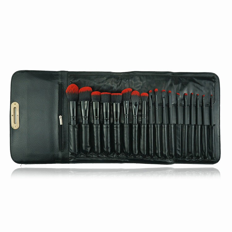 18Piece professional black wooden handle two tone synthetic hair makeup brush set with makeup bag holder