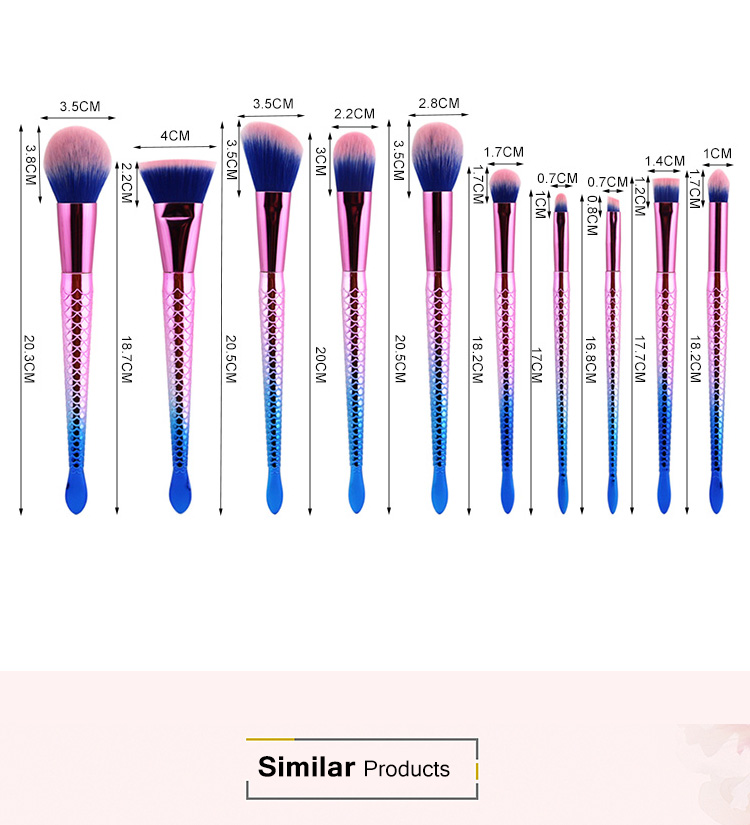 New Pro 10PCS Pink Fish Tail Mermaid Makeup Brushes Set Professional Kabuki Beauty Make Up Brush With Novelty Rainbow Pouch Bag