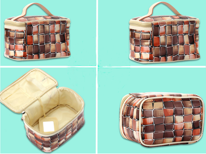 Grid PU Pattern Women Portable Travel Cosmetic Bag with Mirror Makeup Case Organizer