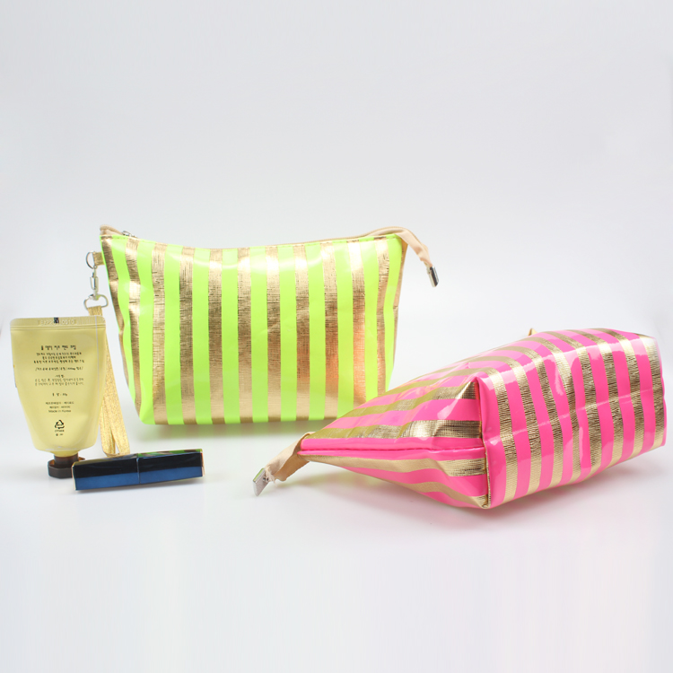 Fluorescence Toiletry Bag for Makeup Portable Stripe PVC Cosmetic Bag for Women
