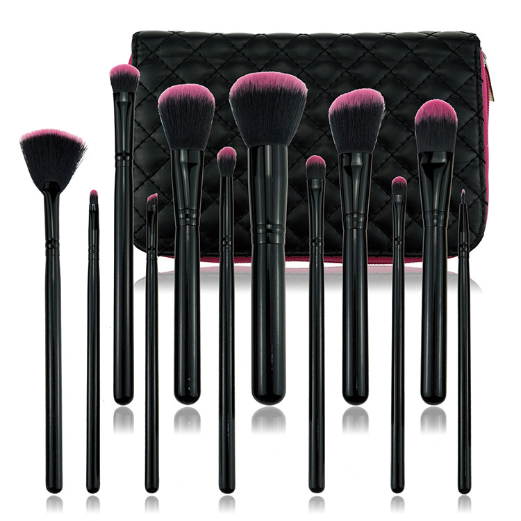 Factory price maquiagem importada atacado 12PCS pink&black makeup brush set with makeup travel bag