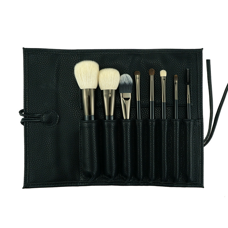Custom Professional Natural Hair Gunmetal 8pcs Makeup Brush Set With PU Roll
