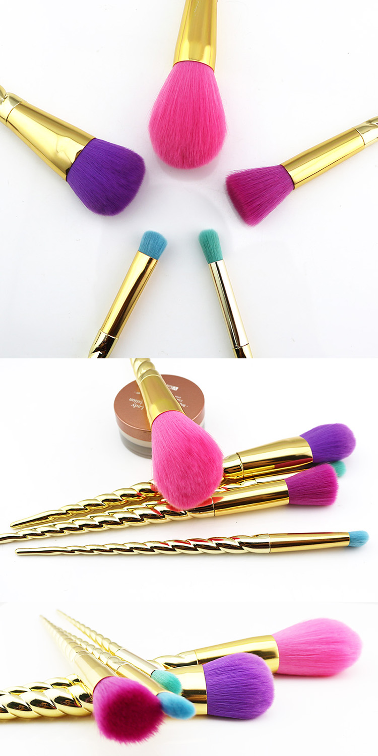 HOTPINKS Best Cheap 5Pcs Rainbow Colorful Makeup Brush Set Gold Spiral Handle Professional Cosmetics Brushes