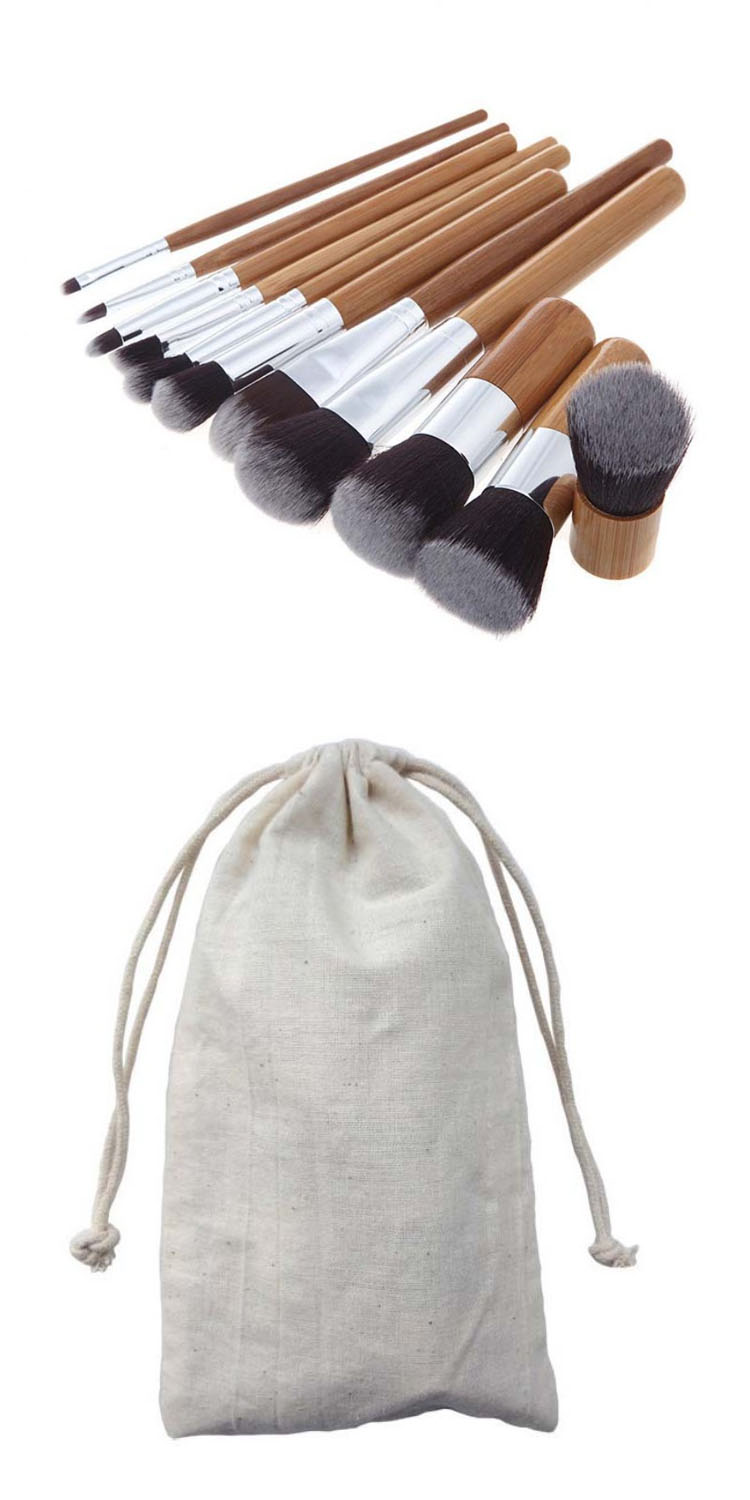 Wholesale 11 Pieces Professional Make up Brushes Natural Bamboo Kabuki Makeup Brush Set with Jute Bag