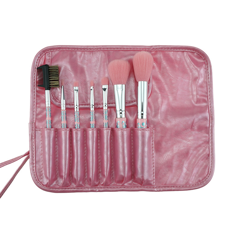 Mini Pink 7PCS Portable Flower Travel Makeup Brush Kit WIth Brush Case