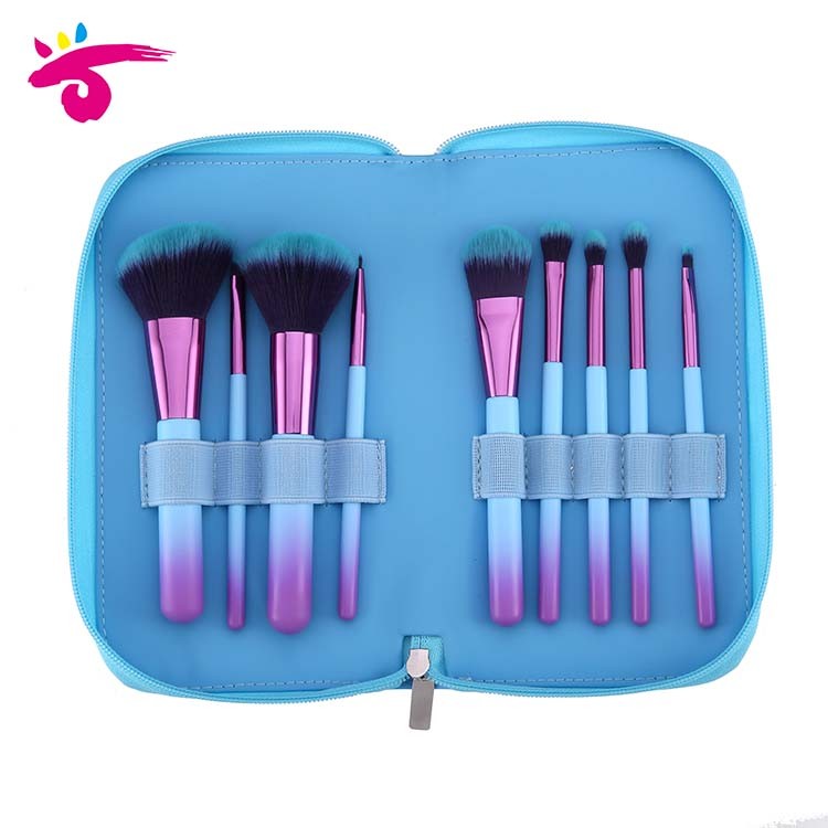 9 Pieces Blue Cute Mini Travel Brush Makeup Brush Set With Animal Bag