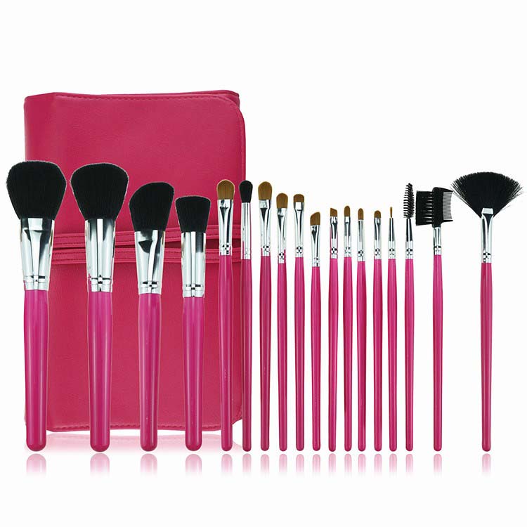 18Pieces hot pink wooden handle synthetic hair professional makeup brush set portable cosmetic bag