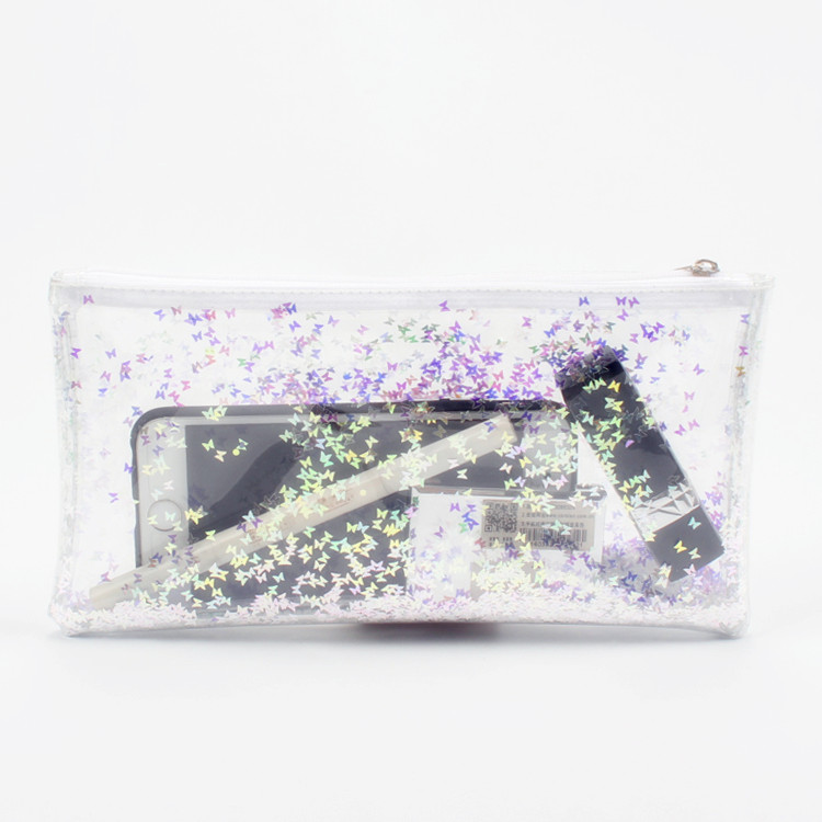 Zipper Clear Cosmetic Bag with Shiny Crystal Glitter Clear Plastic Zipper Pouch