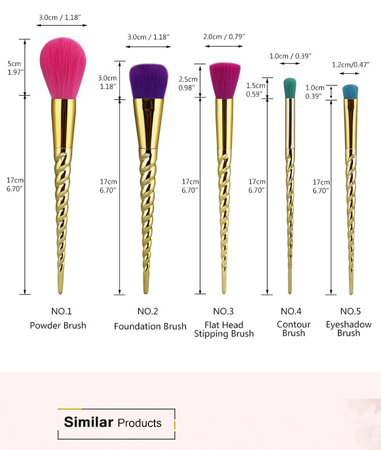 HOTPINKS Best Cheap 5Pcs Rainbow Colorful Makeup Brush Set Gold Spiral Handle Professional Cosmetics Brushes