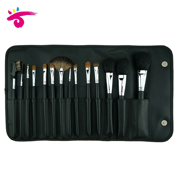 14Pieces luxury natural hair black cosmetic brush set kit with black PVC bag