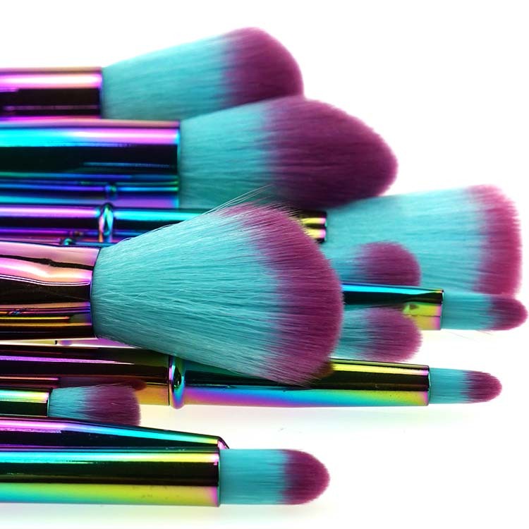 11 Piece Multi Color Electroplating Mental Handle Makeup Brush Kit With Bag
