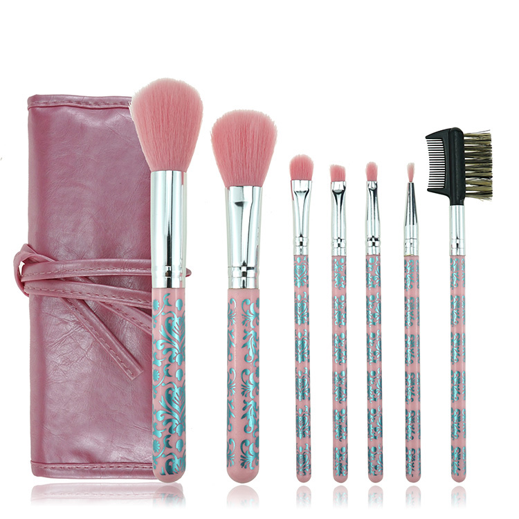 Mini Pink 7PCS Portable Flower Travel Makeup Brush Kit WIth Brush Case