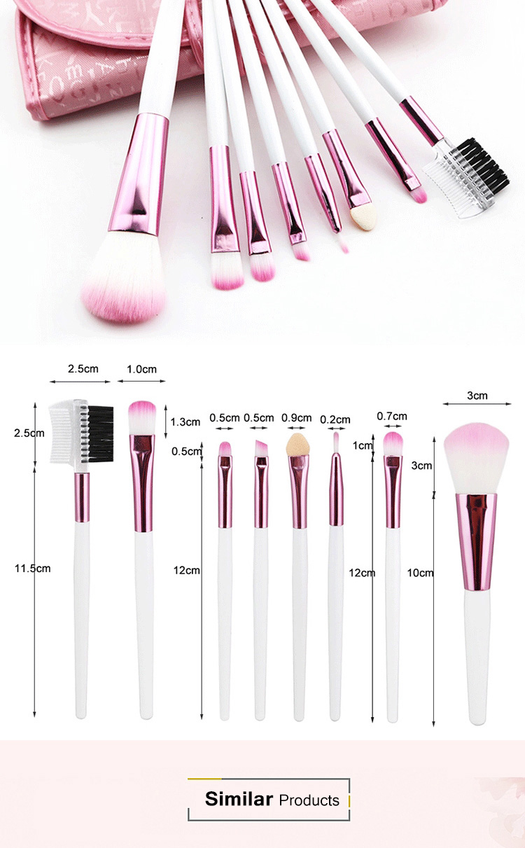 High Quality 8 PCS Portable Soft Hair Pink White Makeup Brush Set with Case
