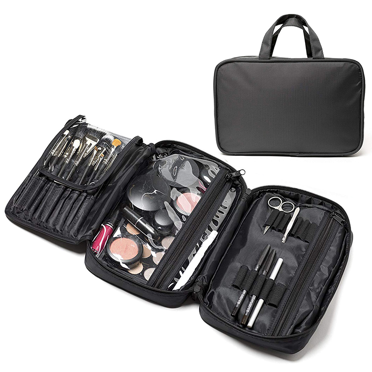 Multifunctional Cosmetic Travel Organizer Makeup Bag Case Divided Compartments with Brush Holders