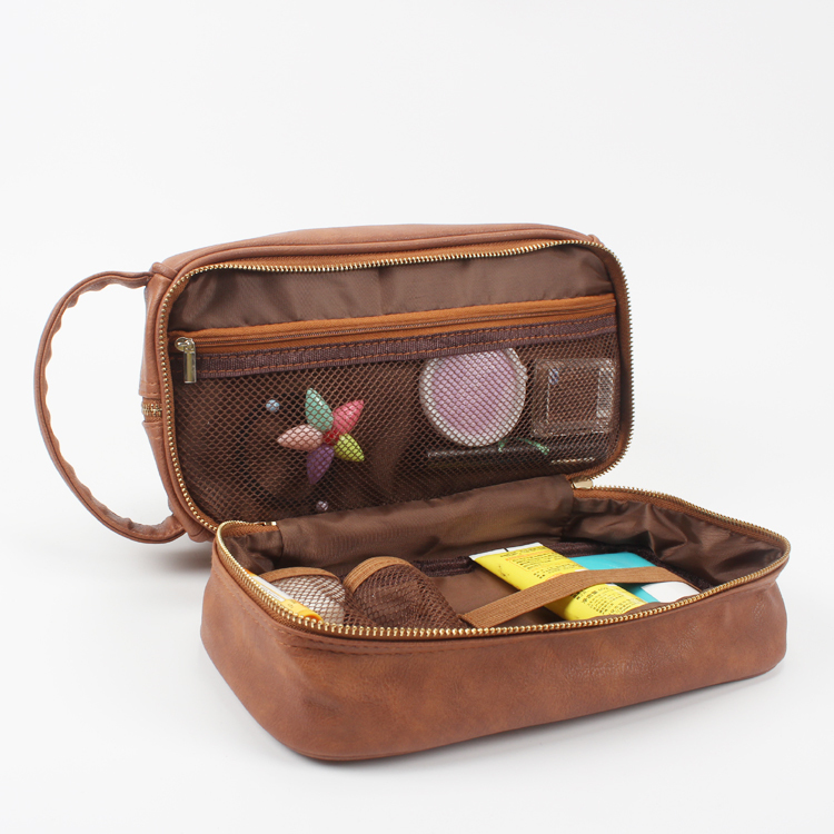 Double Layer Travel Toiletry Bag for Men Shaving Kit Organizer PU Leather Toiletry Bag