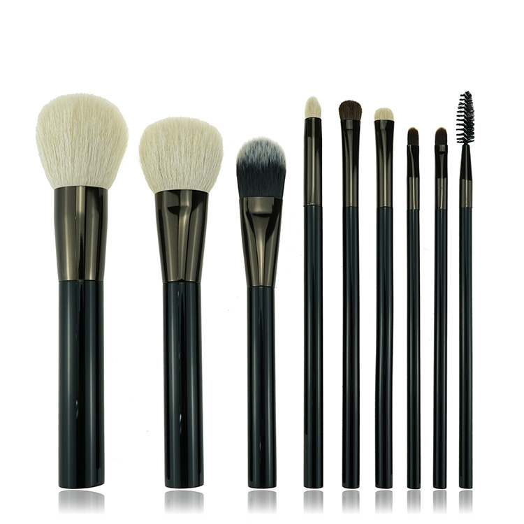 9PCS Gunmetal Professional Animal Hair Cosmetic Brush Set With Waist Pouch