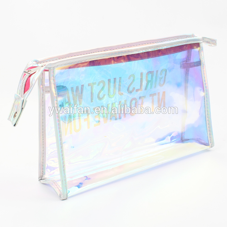 Hologram Print Zipper Cosmetic Makeup Travel Pouch for Women Silver Holographic Bag