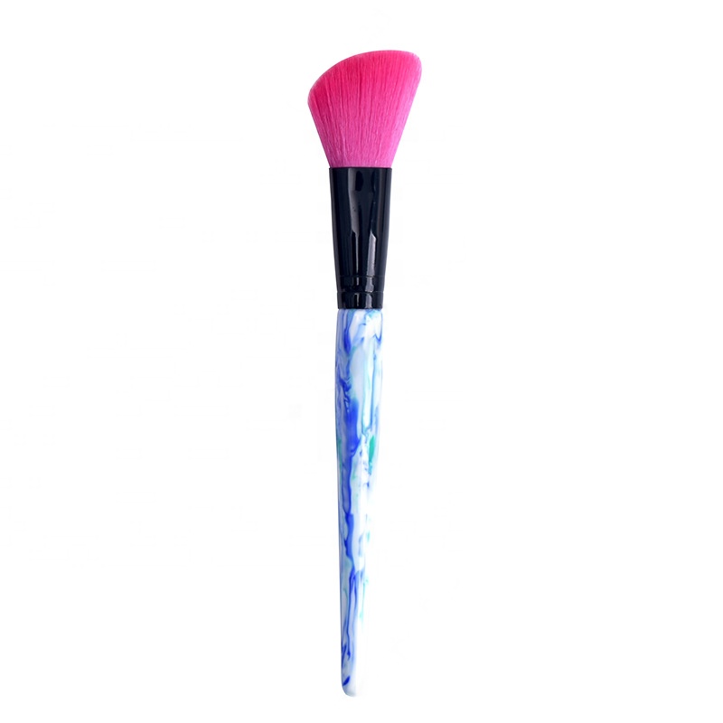 Angled Single Black Ferrule Marble Blush Makeup Brush With Holographic Bag