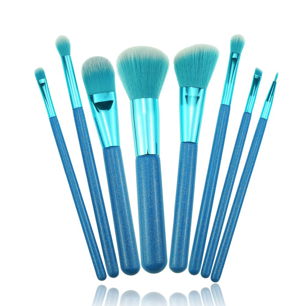 8Pcs Blue Glitter Makeup Brushes Luxury Gradient Brush With Cylinder
