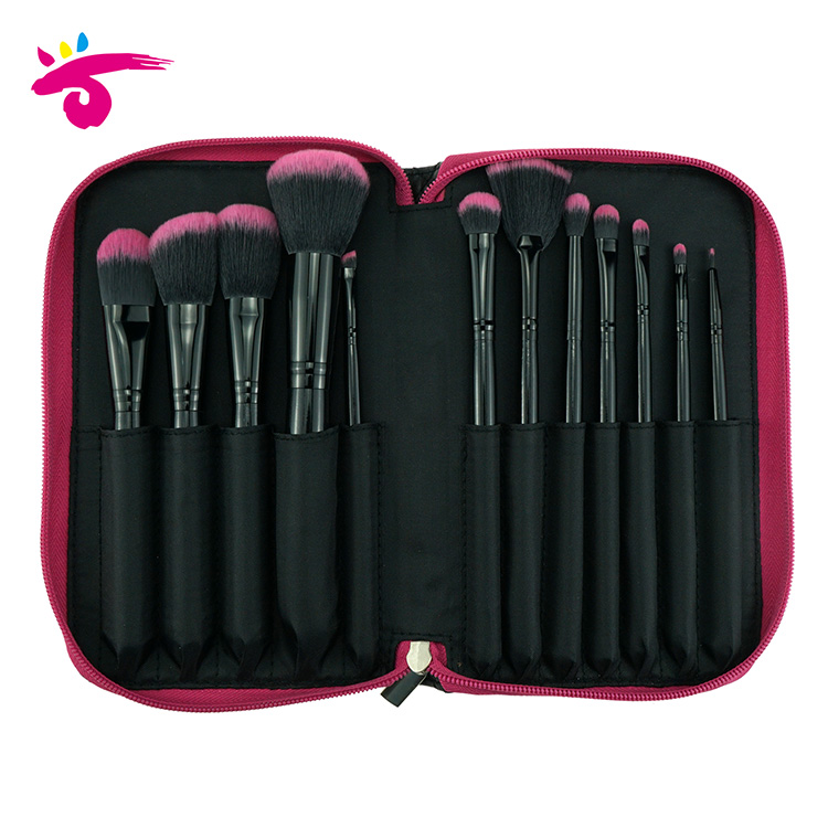 Factory price maquiagem importada atacado 12PCS pink&black makeup brush set with makeup travel bag