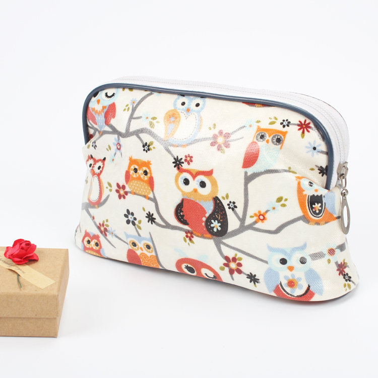 Laminated Canvas Cute Owl Pattern Cosmetic Bag Private Label Makeup Bag Custom Makeup Bag