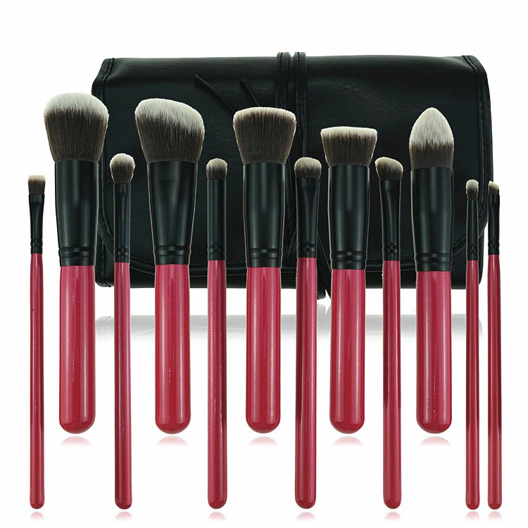 Customized high quality synthetic hair hot pink makeup brushes with black makeup brush roll