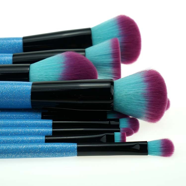 12 Pcs Blue Bling Powerder Brush Glitter Makeup Brush Set With Case