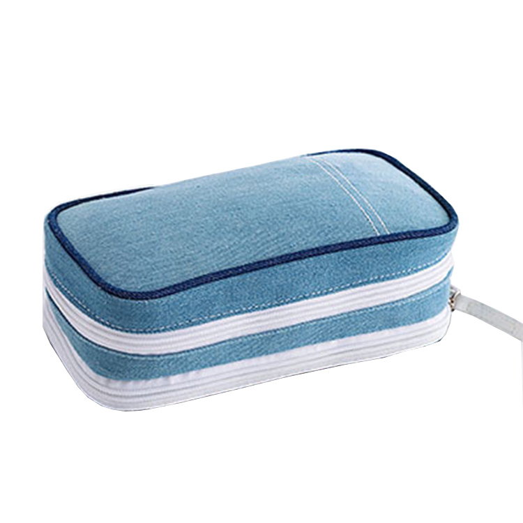 Portable Double Layer Design Travel Wash Pouch Makeup Bag Case Denim Women Cosmetic Bag