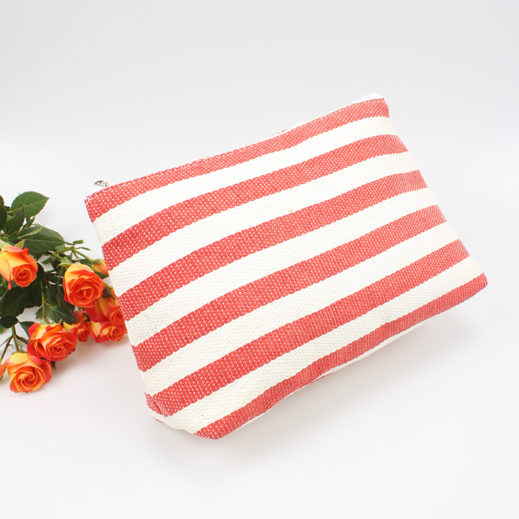 Fashion Red and White Stripe Straw Bag Beach Cosmetic Bag Clutch Straw Bag