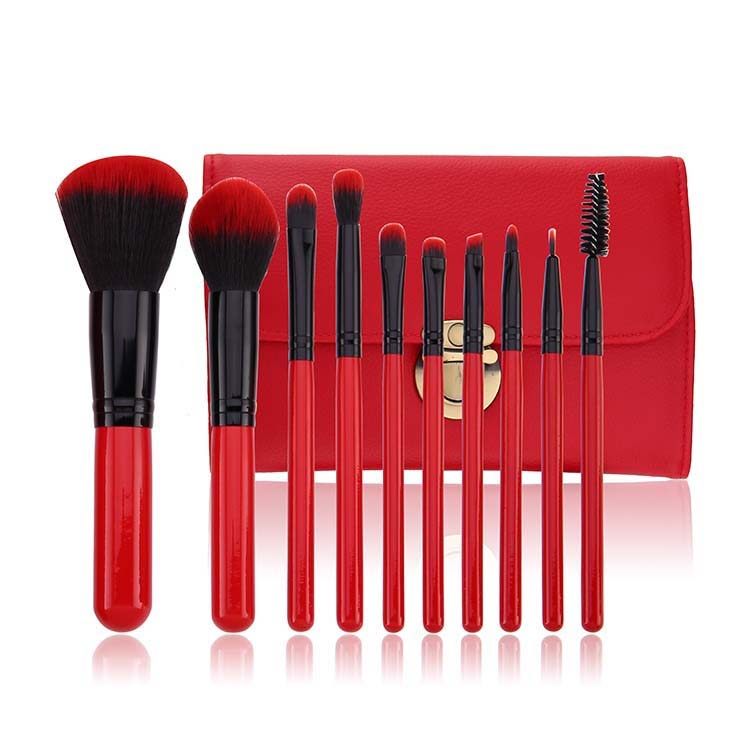 10 Pieces Red Flat Brush Bulk Mini Customized Makeup Brush Kit Natural Set