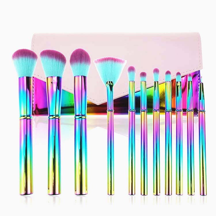 11 Piece Multi Color Electroplating Mental Handle Makeup Brush Kit With Bag