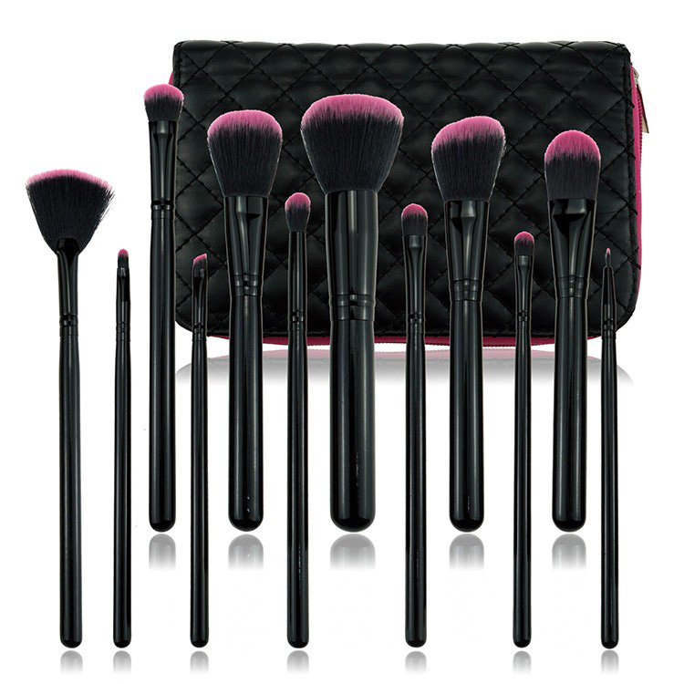 Private label luxury black synthetic hair cosmetic brush set kit with diamond makeup bag