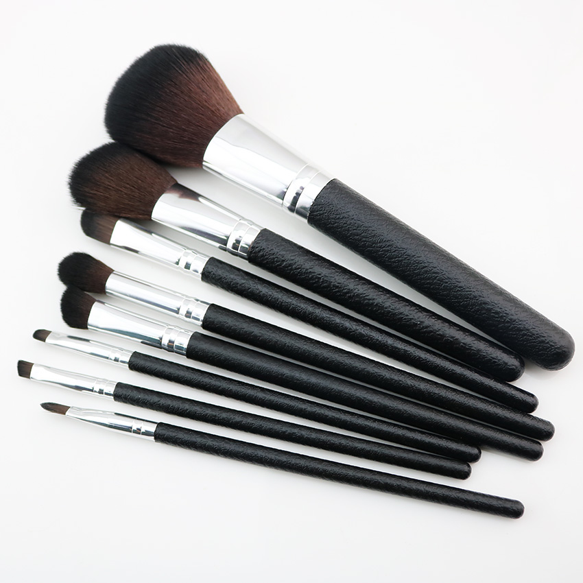 Premium 8Pcs Simulated Aritificial Leather Handle Black Makeup Brush