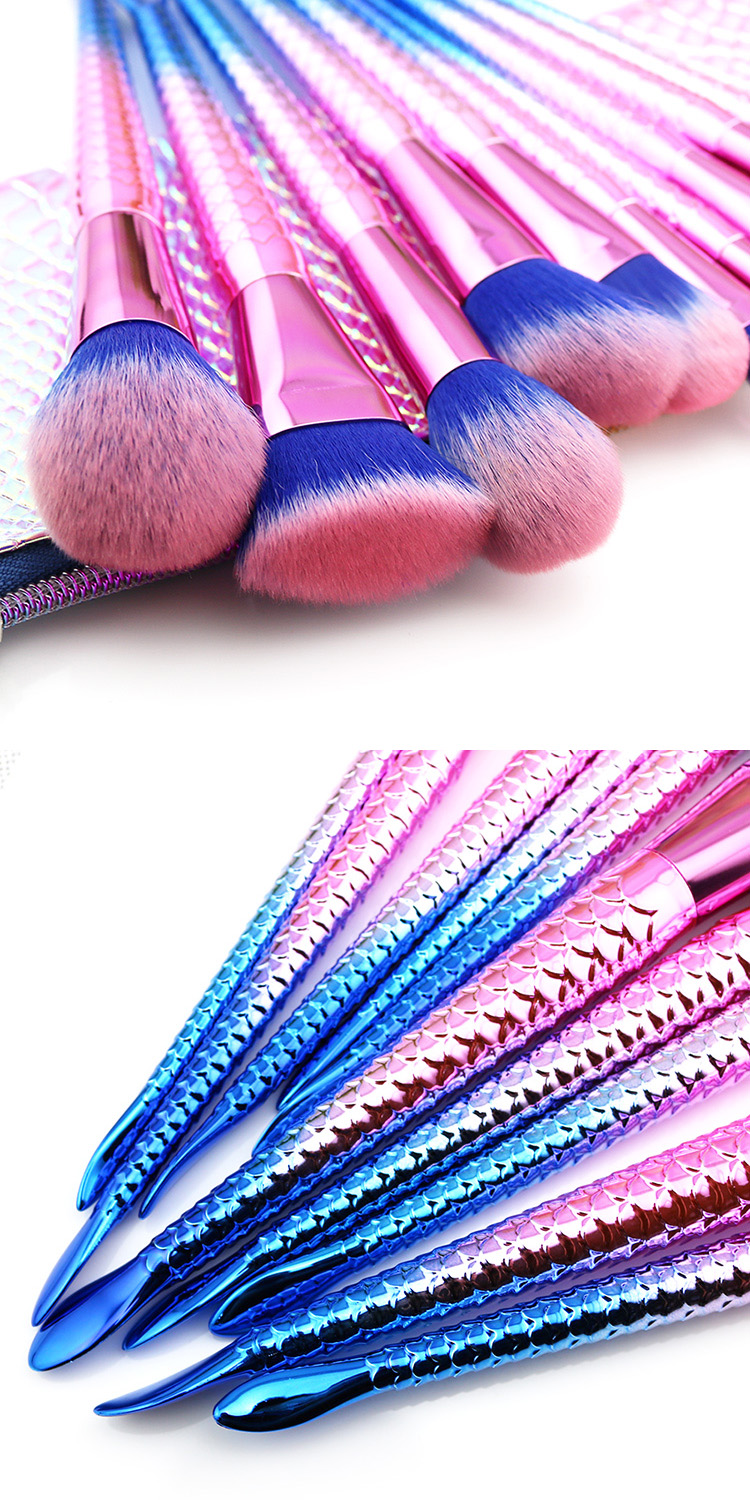 New Pro 10PCS Pink Fish Tail Mermaid Makeup Brushes Set Professional Kabuki Beauty Make Up Brush With Novelty Rainbow Pouch Bag