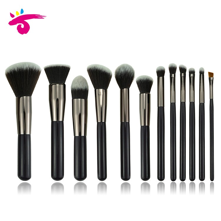 Custom logo gun color aluminum ferrule cosmetic brush set with leather bag