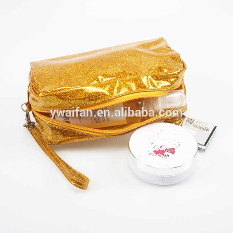 PVC Leather Cosmetic Case Kids Handle Pencil Bag Travel Pouch Glitter Cosmetic Bag