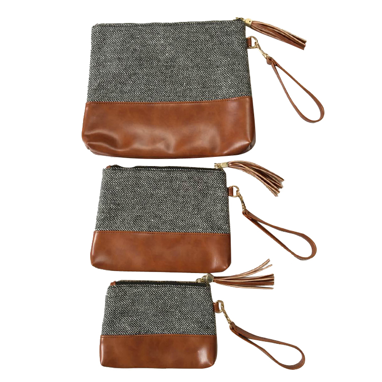 Fabric and PU Wrist Wallet Handbag Cellphone Bag Storage Pouch with Wrist Strap