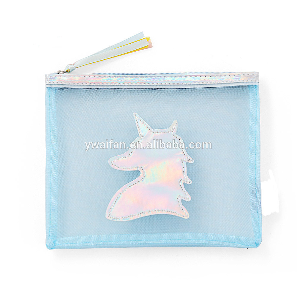 Women Laser Cosmetic Bag Printed Mesh Makeup Pouch Girl Handbag Zipper Travel Cosmetic Case