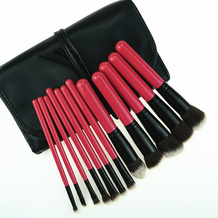 Customized high quality synthetic hair hot pink makeup brushes with black makeup brush roll