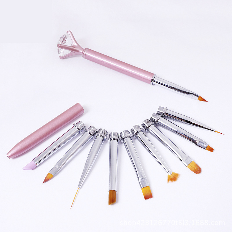 High quality 11pcs nylon hair aluminum handle cute nail gel brush with logo