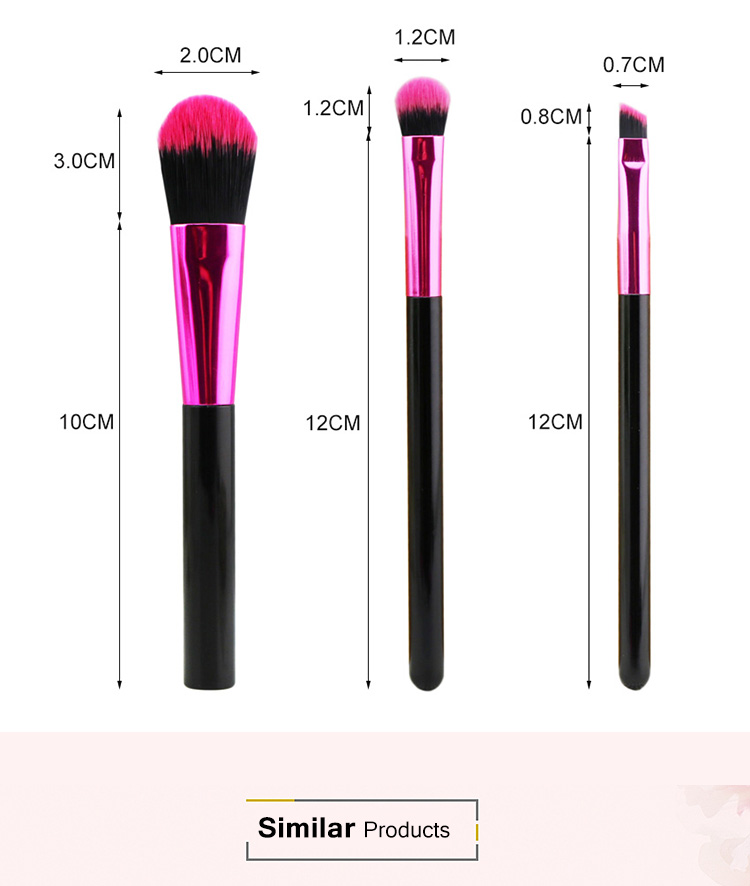 New Arrival High Quality 3PCS Black Pink Angled Foundation Eyebrow Makeup Brush Set Free Sample